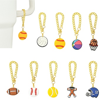 9Pcs 9 Styles Ball Game PVC Plastic Cup Charms, with Zinc Alloy Curb Chains, Golden, Mixed Shapes, 88~101mm, 1pc/style