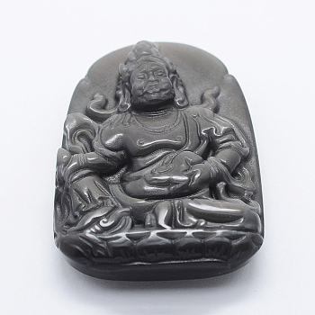 Carved Natural Obsidian Big Pendants, Buddha, 54x38x12mm, Hole: 1.5mm