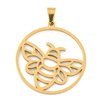 304 Stainless Steel Pendants, Laser Cut, Hollow Ring with Bee Charm, Real 18K Gold Plated, 28.5x26x1.5mm, Hole: 6x3mm