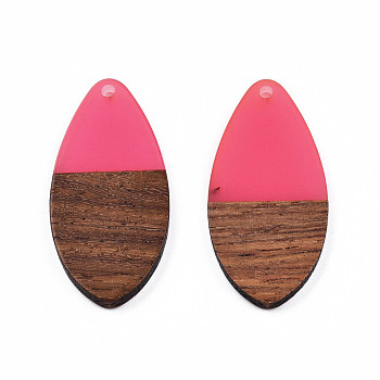Transparent Resin & Walnut Wood Pendants, Teardrop Shape Charm, Hot Pink, 38x18x3mm, Hole: 2mm