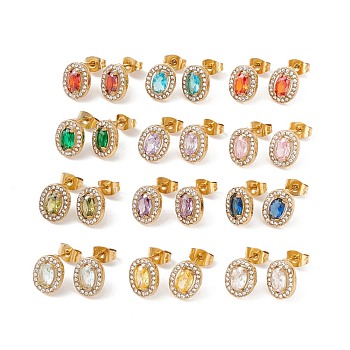 Cubic Zirconia & Rhinestone Oval Stud Earrings, Ion Plating(IP) 304 Stainless Steel Jewelry for Women, Golden, Mixed Color, 10x8mm, Pin: 0.6mm