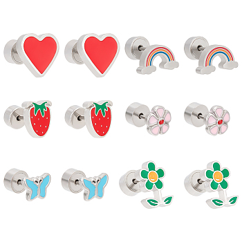 6 Pairs 6 Style 304 Stainless Steel Stud Earrings for Women, with Enamel, Strawberry & Rainbow & Flower & Heart & Butterfly, Mixed Color, 6~9.5x6.5~10mm, 1 Pair/style