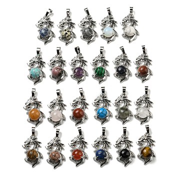 Natural & Synthetic Mixed Gemstone Pendants, Dragon Charms with Rack Plating Brass Findings, Platinum, Cadmium Free & Lead Free, 31x18x8~10mm, Hole: 5x8mm