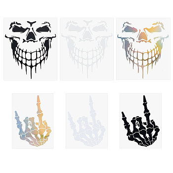 6Pcs 6 Styles PET Car Decoration Sticker, Skull Hand & Skull Sticker, for Car Decoration, Mixed Color, 1pc/style