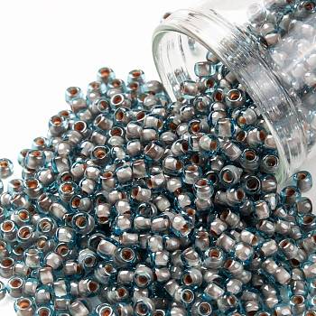 TOHO Round Seed Beads, Japanese Seed Beads, (1072) Cocoa Lined Aqua, 8/0, 3mm, Hole: 1mm, about 222pcs/bottle, 10g/bottle