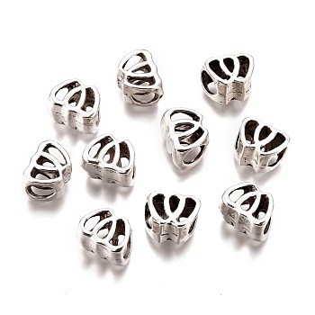 Tibetan Style Alloy European Beads, Lead Free & Cadmium Free, Double Heart, Hollow, Antique Silver, 8x10.5x8mm, Hole: 5mm
