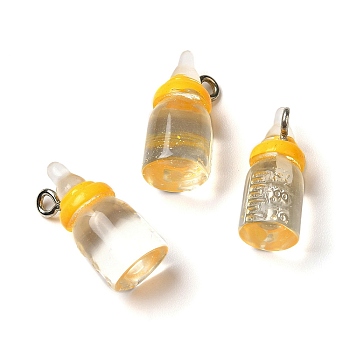 Transparent Resin Pendants, Milk Bottle Charms, with Platinum Tone Zinc Alloy Loops, Gold, 20x9mm, Hole: 2mm