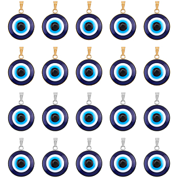 Handmade Evil Eye Lampwork Pendants, with 304 Stainless Steel Serrated Edge Bezel Cups, Half Round, Golden & Stainless Steel Color, 31x26x7mm, Hole: 7x3mm, 2 colors, 10pcs/color, 20pcs/box