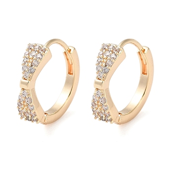 Brass Micro Pave Clear Cubic Zirconia Hoop Earrings, Bowknot, Real 18K Gold Plated, 12.5x13x4mm