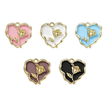 5Pcs Rack Plating Alloy Enamel Pendants, Cadmium Free & Lead Free, Heart with Rose, Mixed Color, 20x21x4mm, Hole: 1.8mm