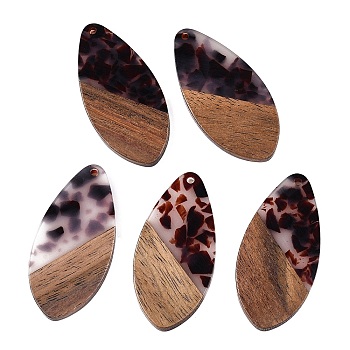 Transparent Resin and Walnut Wood Pendants, Teardrop Charms with Gold Foil, Coconut Brown, 48.5x23.5x3.5mm, Hole: 2mm