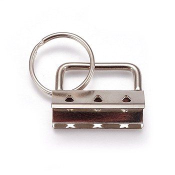 Electroplate Iron Split Key Rings, Keychain Clasp Findings, with Ribbon Ends, Platinum, Ring: 24x2.5mm, End: 24x32.5x14mm