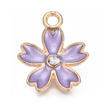 Alloy Enamel Pendants, with Crystal Rhinestone, Sakura Flower, Golden, Purple, 17x14x2.5mm, Hole: 1.6mm
