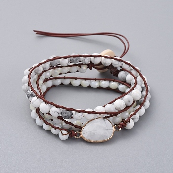 Faceted Glass & Natural Howlite Beaded Wrap Bracelets, with Cowhide Leather Cord and Burlap, Teardrop, 570x7mm
