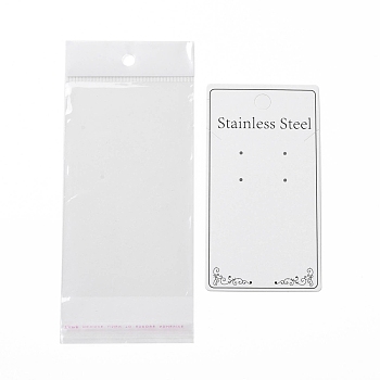 Paper Display Cards, with OPP Cellophane Bags, for Bracelet, Necklace, Earring Storage, Rectangle with Word Stainless Steel Pattern, White, Card: 13x7x0.05cm, Bag: 19x8x0.02mm