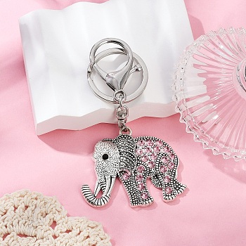 Alloy Rhinestone Keychain, with Alloy Clasps, Antique Silver, Light Rosaline AB, 98mm