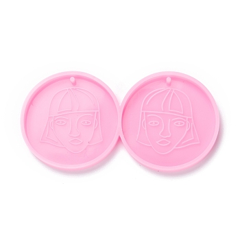 Food Grade Pendant Silicone Molds, for Earring Makings, Bakeware Tools, For DIY Cake Decoration, Chocolate, Candy Mold, Flat Round with Woman Pattern, Pink, 42x84x5mm, Hole: 1.6mm, Inner Diameter: 39.5mm