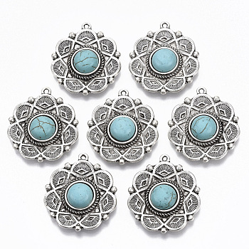 Tibetan Style Alloy Pendants, with Synthetic Turquoise, Cadmium Free & Lead Free, Flower, Antique Silver, 35x31x8mm, Hole: 1.6mm