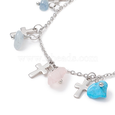 Natural & Synthetic Mixed Gemstone Chips & Cross Charms Anklet(AJEW-AN00512-04)-3