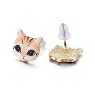 Real 14K Gold Plated Alloy Kitten Stud Earrings(EJEW-G148-01G-09)-2