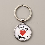 Teacher's Day Time Gem Keychain, with Alloy Findings, Half Round/Dome with Word Teaching is Work, Heart Pattern, 6cm(KEYC-WH0029-51B-P)