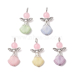 Natural & Dyed Malaysia Jade Pendants, Shell Shape Angel, with Plastics Beads and Alloy Fairy Wing Beads & Loop, Mixed Color, 28.5x14x6mm, Hole: 2.7mm(PALLOY-JF03735-S)