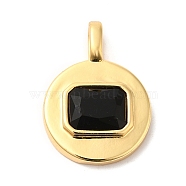 Brass with Cubic Zirconia Pendants, Real 16K Gold Plated, Flat Round Charm, Black, 20.5x15x4mm, Hole: 4x2.5mm(KK-K339-01G-04)