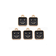 Alloy Enamel Charms, Cadmium Free & Lead Free, Light Gold, Square with Smile, Black, 13x10x1.5mm, Hole: 1.6mm(ENAM-T016-13B-RS)