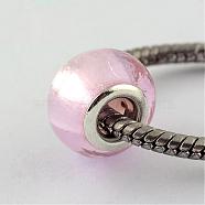 Handmade Silver Foil Glass European Beads, with Silver Color Plated Brass Cores, Rondelle, Pearl Pink, 14x10mm, Hole: 5mm(LPDL-R008-01)