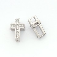 Fashionable Hollow Cross Brass Micro Pave Cubic Zirconia Beads, Cadmium Free & Nickel Free & Lead Free, Real Platinum Plated, 11x7.5x5mm, Hole: 2x1~4x2mm(ZIRC-N002-80P)