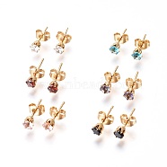 304 Stainless Steel Stud Earrings, with Rhinestone and Ear Nuts/Earring Back, Flat Round, Mixed Color, Golden, 14.5x4mm, Pin: 0.7mm, 12pairs/card(EJEW-I229-02G-A)