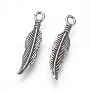316 Surgical Stainless Steel Pendants, Feather, Antique Silver, 25.5x6x2.5mm, Hole: 2mm(STAS-P225-110AS)