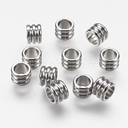 202 Stainless Steel Beads, Grooved Column, Stainless Steel Color, 6x4.5mm, Hole: 4mm(STAS-K166-16P-C)