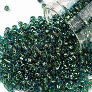 TOHO Round Seed Beads, Japanese Seed Beads, (756) 24K Gold Lined Aquamarine, 8/0, 3mm, Hole: 1mm, about 222pcs/bottle, 10g/bottle(SEED-JPTR08-0756)
