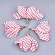 Iron Big Pendants, with Cotton, Flower with Gingham Pattern, Golden, Pink, 50~58x45~80mm, Hole: 1~4mm(X-FIND-T033-06K)