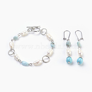 Natural Larimar & Synthetic Turquoise Bracelets & Earrings Jewelry Sets, with Natural Rice Pearl, Alloy Toggle Clasps and 304 Stainless Steel Findings, 7-1/2 inch(19cm), 60mm, Pin: 0.6mm(SJEW-JS00992-02)