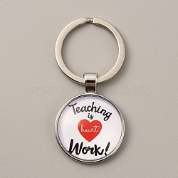 Teacher's Day Time Gem Keychain, with Alloy Findings, Half Round/Dome with Word Teaching is Work, Heart Pattern, 6cm(KEYC-WH0029-51B-P)