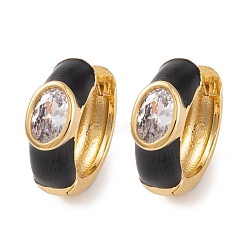 Rack Plating Brass Cubic Zirconia Enamel Earrings, Cadmium Free & Lead Free, Oval, Hoop Earrings, Real 18K Gold Plated, Black, 14x5mm(EJEW-S219-14G-02)