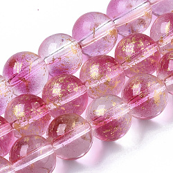 Transparent Spray Painted Glass Bead Strands, with Golden Foil, Round, Camellia, 10~11mm, Hole: 1.4~1.6mm, about 39~42pcs/Strand, 14.84 inch~15.27 inch(37.7~38.8cm)(GLAA-N035-03D-B04)
