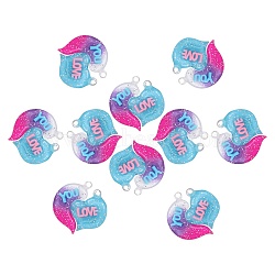 10 Sets Gradient Color Opaque Resin Pendants, with Glitter Powder, Couple Heart Charm with Word LOVE YOU, Deep Pink, 39x38.5x5.5mm, Hole: 3.5mm, 2pcs/set(RESI-SZ0001-91D)