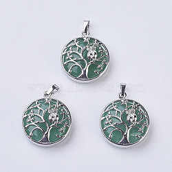 Natural Green Aventurine Pendants, with Brass Findings, Flat Round with Tree of Life, Platinum, 31~32x27x8~9mm, Hole: 5x7mm(G-K234-E16)