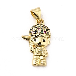 Brass Micro Pave Cubic Zirconia Pendants, Long-Lasting Plated, Real 18K Gold Plated, Boy Charm with Cap, Colorful, 20x12x4mm, Hole: 3.5x4mm(KK-H433-13B-G)