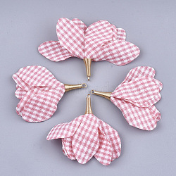 Iron Big Pendants, with Cotton, Flower with Gingham Pattern, Golden, Pink, 50~58x45~80mm, Hole: 1~4mm(X-FIND-T033-06K)