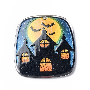 Halloween Theme Opaque Printed Acrylic Pendants, Trapezoid Charms, House, 42x36x2mm, Hole: 2mm