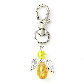 Angel Glass Pendant Decoration, with Alloy Swivel Lobster Claw Clasps, Gold, 68mm