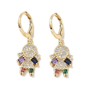 Real 18K Gold Plated Brass Dangle Leverback Earrings, with Cubic Zirconia and Glass, Girl, Colorful, 30x10.5mm