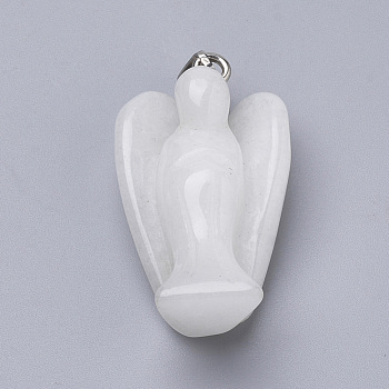 Angel Natural White Jade Pendants with Brass Clasps, Platinum, 40x22x15mm, Hole: 10x4mm