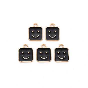 Alloy Enamel Charms, Cadmium Free & Lead Free, Light Gold, Square with Smile, Black, 13x10x1.5mm, Hole: 1.6mm