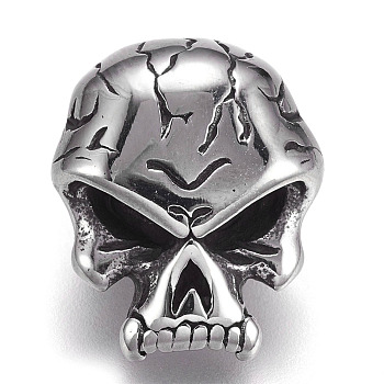 304 Stainless Steel Beads, Large Hole Beads, Skull, Antique Silver, 19x15.5x11.5mm, Hole: 6mm