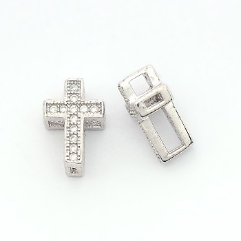 Fashionable Hollow Cross Brass Micro Pave Cubic Zirconia Beads, Cadmium Free & Nickel Free & Lead Free, Real Platinum Plated, 11x7.5x5mm, Hole: 2x1~4x2mm
